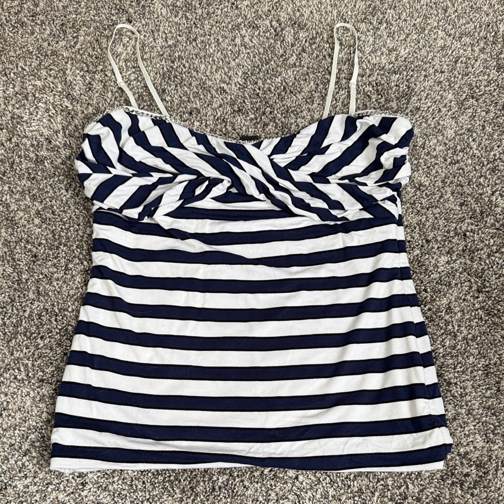 White House Black Market Navy and White Striped Camisole